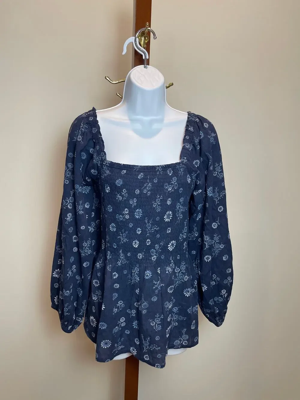 Madewell Navy Floral Shirred Puff Sleeve Square Neck Top Size 14
